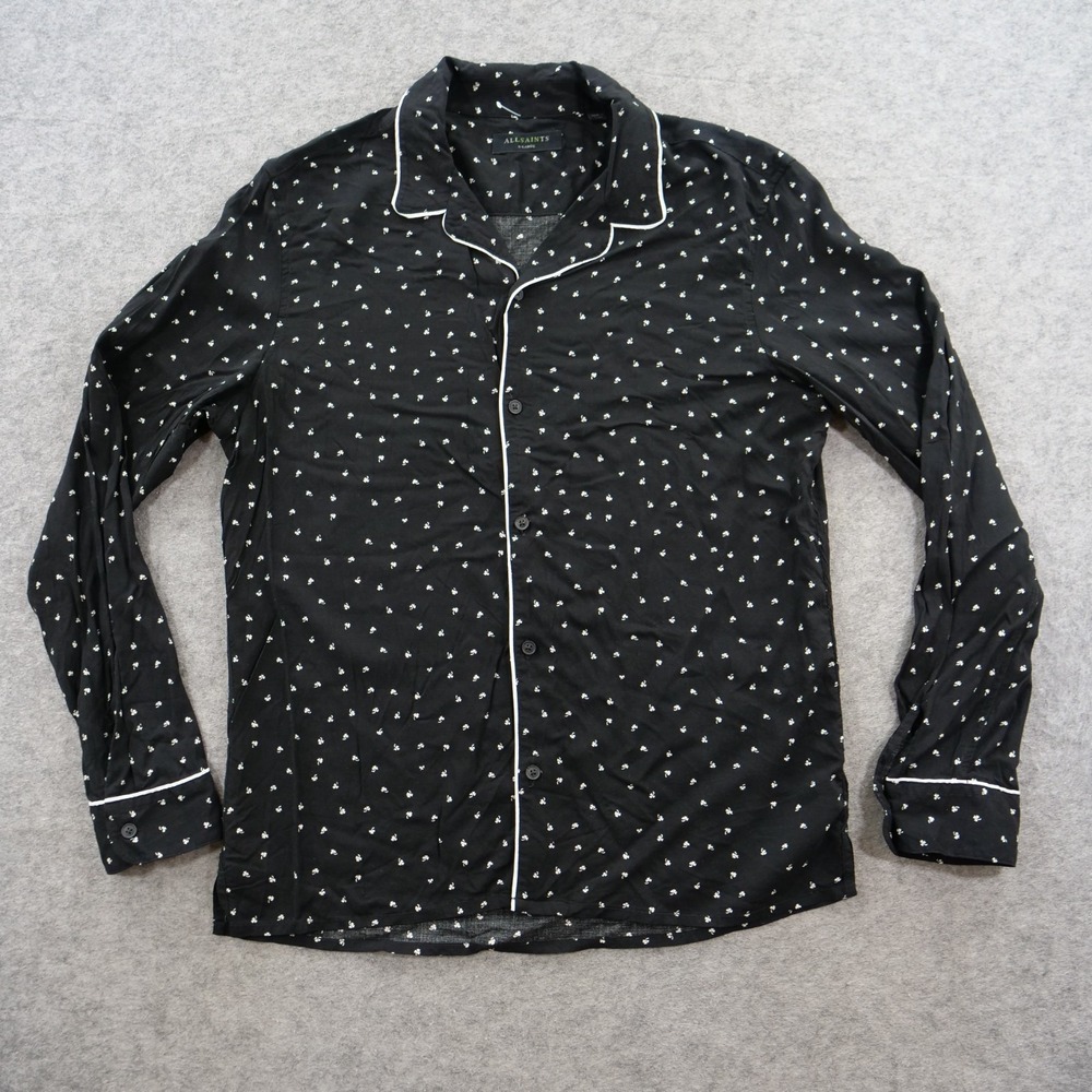AllSaints Shirt Mens XL Black White Trefoil Print Viscose Long Sleeve Streetwear